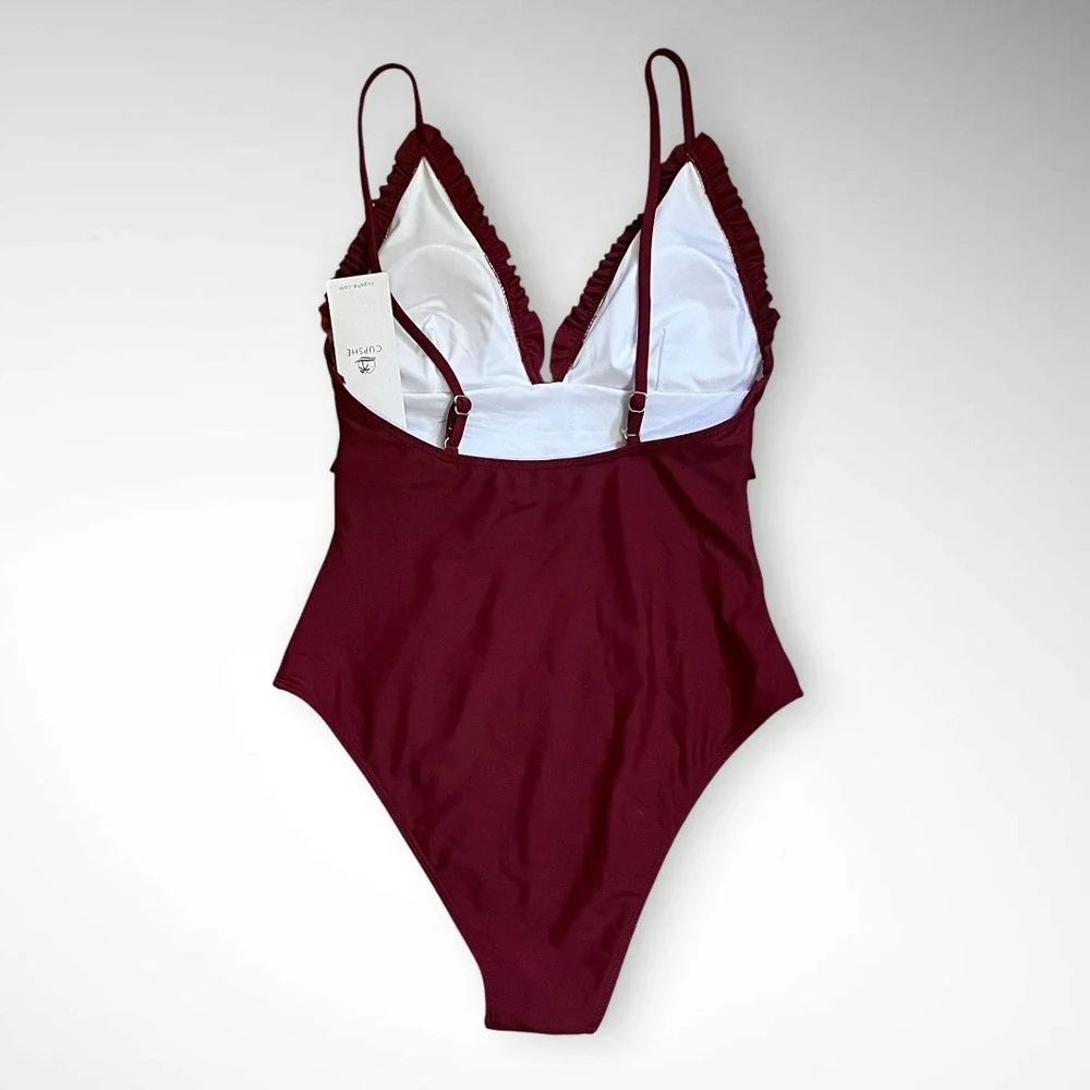 CUPSHE Burgundy Ruffle Trim One Piece Bathing Suit With Adjustable Straps | NWT‎